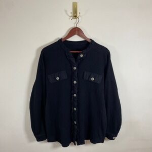 Waffle Knit Black Womens Shacket Button Up Shirt Cozy Casual Lightweight Jacket